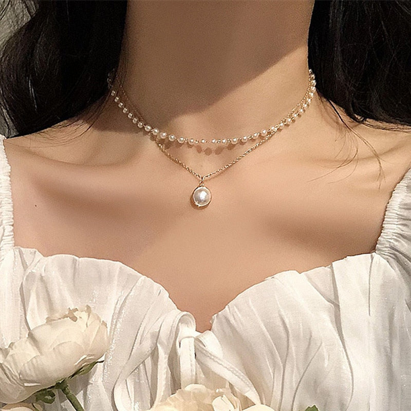 New Beads Women's Neck Chain Kpop Pearl Choker Necklace Gold Color Goth Chocker Jewelry On The Neck Pendant 2021 Collar For Girl alfamoba