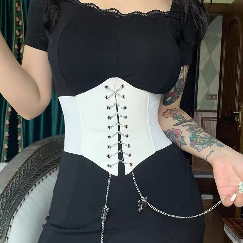 Corset Wide Belt PU Leather Body Shapewear Women Gothic Dress Belt Waist Cincher Slimming Belt Butterfly Chain Elastic Girdle alfamoba