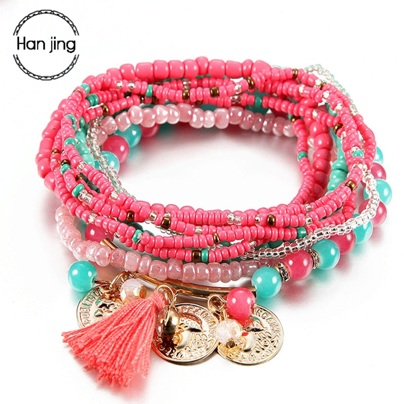 Women Bohemian Jewelry Multilayer Elastic Set Bracelets Bangles With Tassel Gold Coin Glass Beads Charm Wrap Bracelet Femme Gift alfamoba