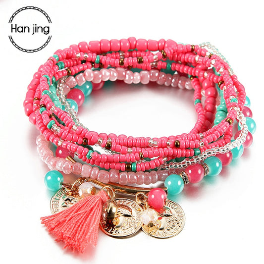 Women Bohemian Jewelry Multilayer Elastic Set Bracelets Bangles With Tassel Gold Coin Glass Beads Charm Wrap Bracelet Femme Gift alfamoba