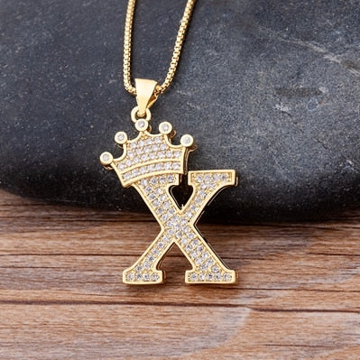 New Luxury Copper Zircon A-Z Crown Alphabet Pendant Chain Necklace Punk Hip-Hop Style Fashion Woman Man Initial Name Jewelry alfamoba