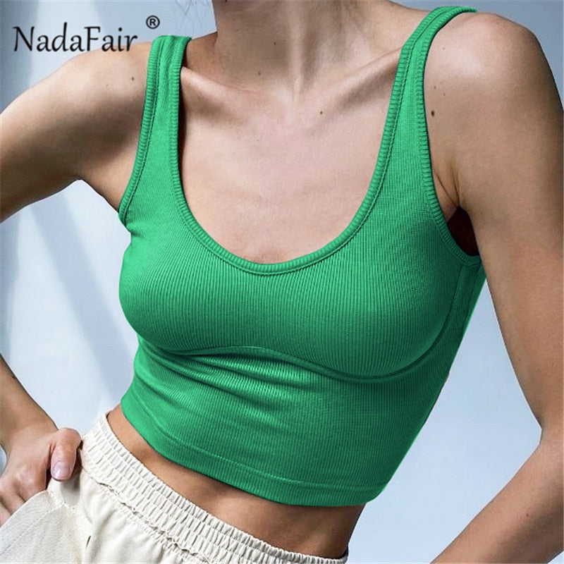 Nadafair Ribber Knitted Tops Femme O Neck Summer Basic Shirts White Black Casual Sport Vest Off Shoulder Green Women's Tank Top alfamoba