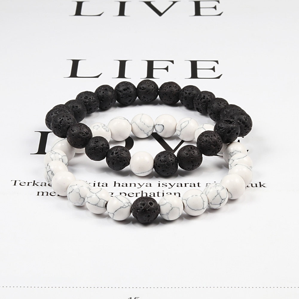 Set Bracelet Couples Distance Black White Natural Lava Stone Tiger Eye Beaded Yoga Bracelets for Men Women Elastic Rope Jewelry alfamoba