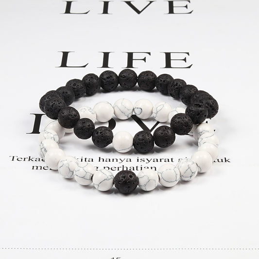 Set Bracelet Couples Distance Black White Natural Lava Stone Tiger Eye Beaded Yoga Bracelets for Men Women Elastic Rope Jewelry alfamoba