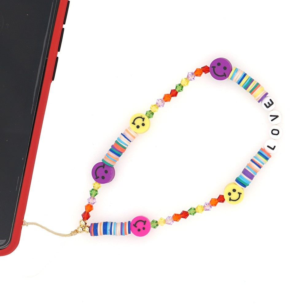 Shinus Heishi Disc Beads Crystal Chain For Phone Mobile Phone Lanyard Smile Cell Phone Chains 2021 LOVE Letter String Wristband alfamoba