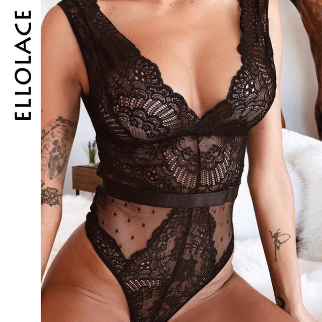 Ellolace Summer Lace Bodysuit Women Embroidery Transparent Deep V Neck Sexy Bodys Dot Bodycon Mesh Top Sleeveless Femlae Body alfamoba