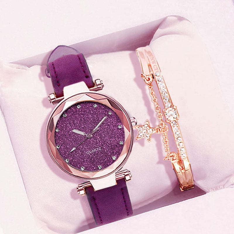 Casual Women Romantic Starry Sky Wrist Watch bracelet Leather Rhinestone Designer Ladies Clock Simple Dress Gfit  Montre Femme alfamoba