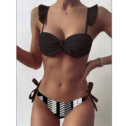 Striped Lace Ruffle Push Up Women Bandeau Swimsuit Female Swimwear Bra Cup Bikini set High Cut Bathing Suit F72 alfamoba