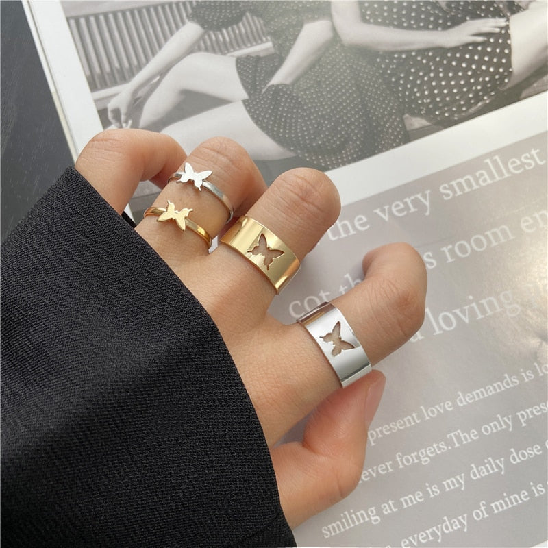 Trendy Gold Butterfly Rings For Women Men Lover Couple Rings Set Friendship Engagement Wedding Open Rings 2021 Jewelry alfamoba