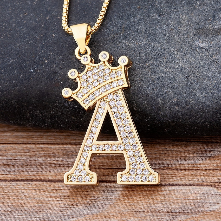 New Luxury Copper Zircon A-Z Crown Alphabet Pendant Chain Necklace Punk Hip-Hop Style Fashion Woman Man Initial Name Jewelry alfamoba