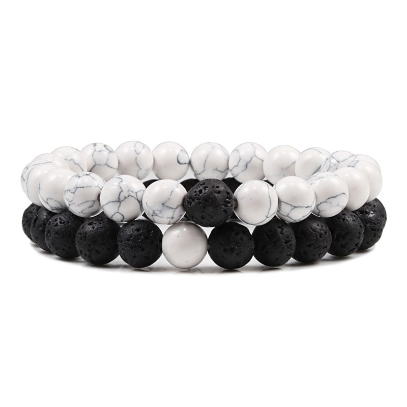 Set Bracelet Couples Distance Black White Natural Lava Stone Tiger Eye Beaded Yoga Bracelets for Men Women Elastic Rope Jewelry alfamoba