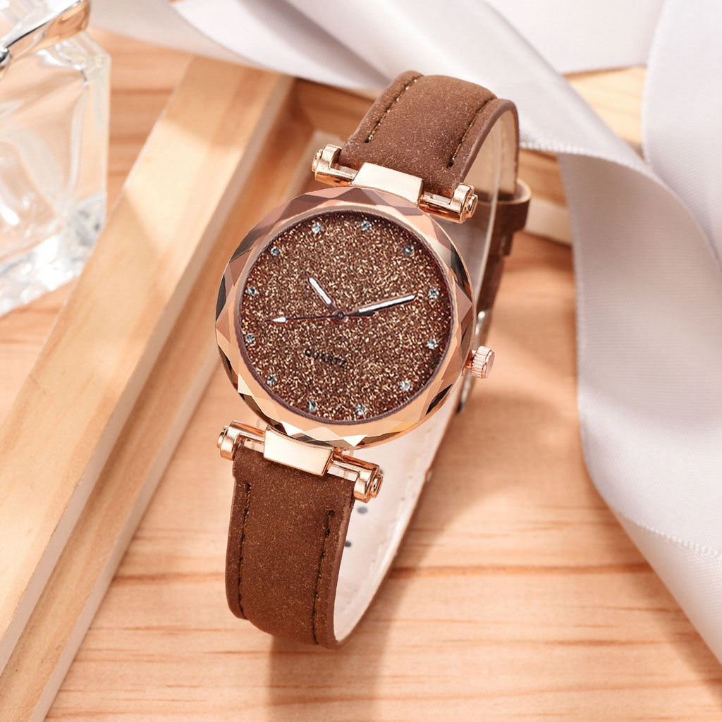 Casual Women Romantic Starry Sky Wrist Watch bracelet Leather Rhinestone Designer Ladies Clock Simple Dress Gfit  Montre Femme alfamoba