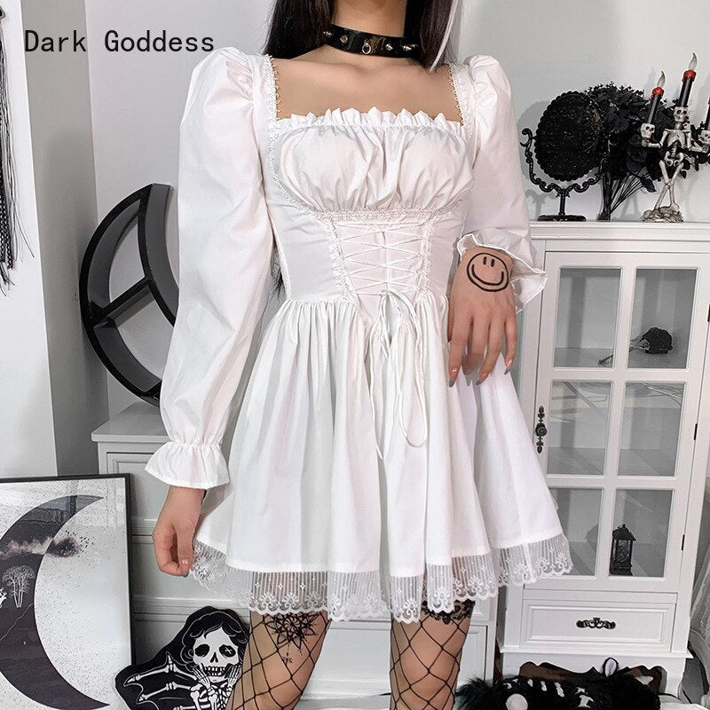 JapaneseLolita style women'sprincess black mini dress bad girl high waist gothic dress kawaii puff sleeve lace white party dress alfamoba