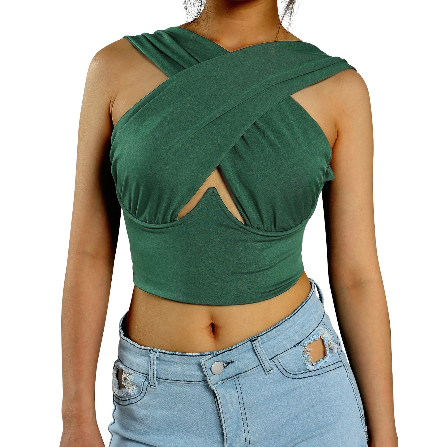 Women's Criss Cross Tank Tops Sexy Sleeveless Solid Color Cutout Front Crop Tops Party Club Streetwear Summer Lady Bustier Tops alfamoba