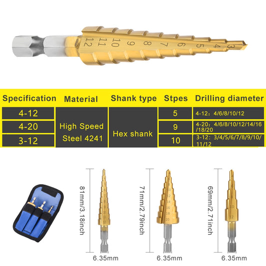 3Pcs/set 3-12mm 4-12mm 4-20mm HSS Straight Groove Step Drill Bit Titanium Coated Wood Metal Hole Cutter Core Drilling Tools Set alfamoba