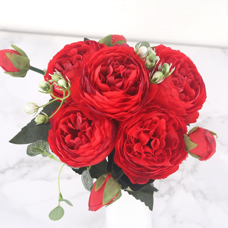 30cm Rose Pink Silk Peony Artificial Flowers Bouquet 5 Big Head and 4 Bud Cheap Fake Flowers for Home Wedding Decoration indoor alfamoba