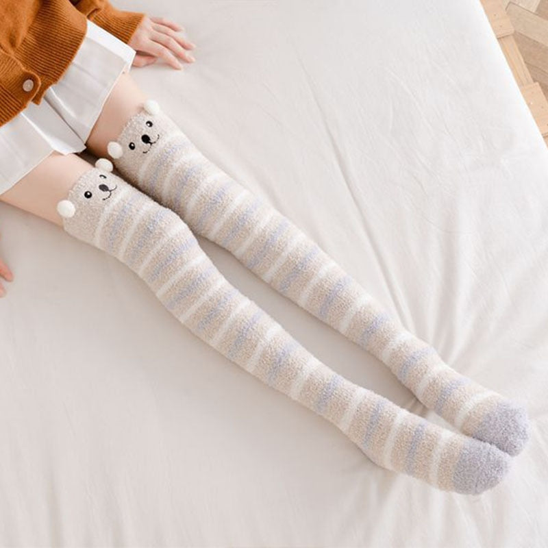 Soft Coral Fleece Knee Socks Winter Warm Girls Women Cute Cartoon Animal Stockings Striped Cozy Long Thigh High Socks Christmas alfamoba