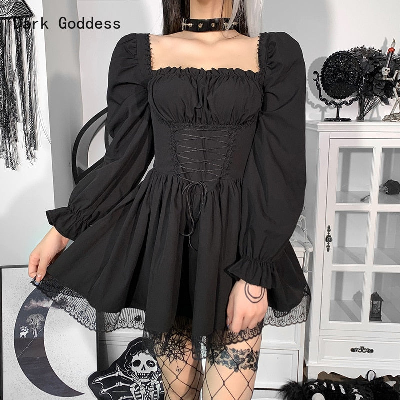 JapaneseLolita style women'sprincess black mini dress bad girl high waist gothic dress kawaii puff sleeve lace white party dress alfamoba