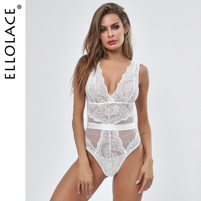 Ellolace Summer Lace Bodysuit Women Embroidery Transparent Deep V Neck Sexy Bodys Dot Bodycon Mesh Top Sleeveless Femlae Body alfamoba