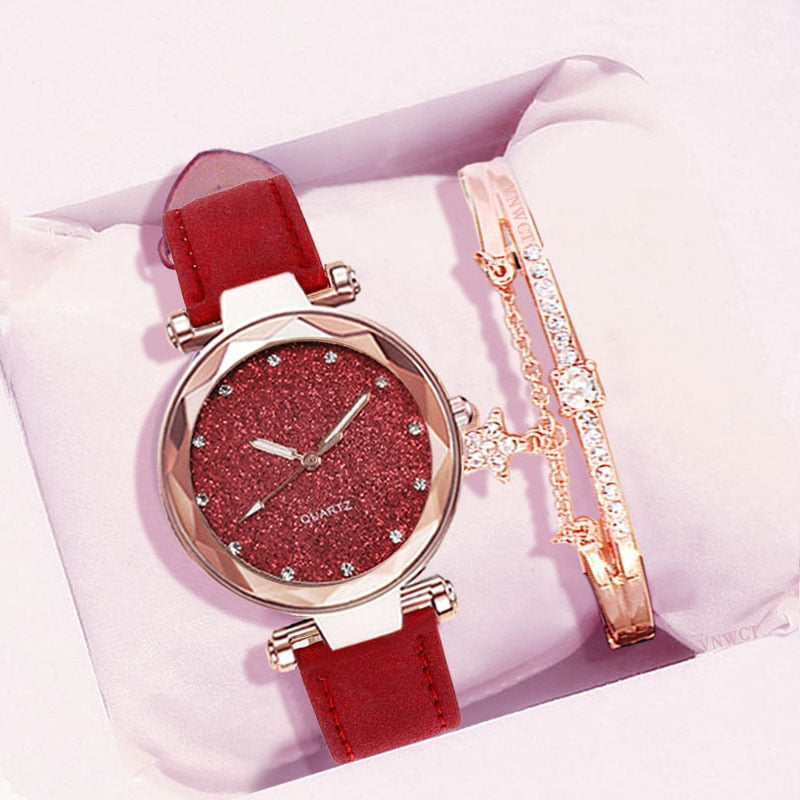 Casual Women Romantic Starry Sky Wrist Watch bracelet Leather Rhinestone Designer Ladies Clock Simple Dress Gfit  Montre Femme alfamoba