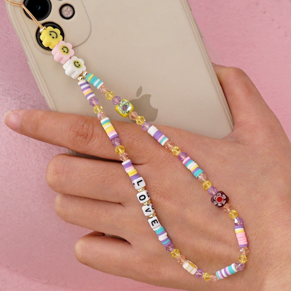 Shinus Heishi Disc Beads Crystal Chain For Phone Mobile Phone Lanyard Smile Cell Phone Chains 2021 LOVE Letter String Wristband alfamoba