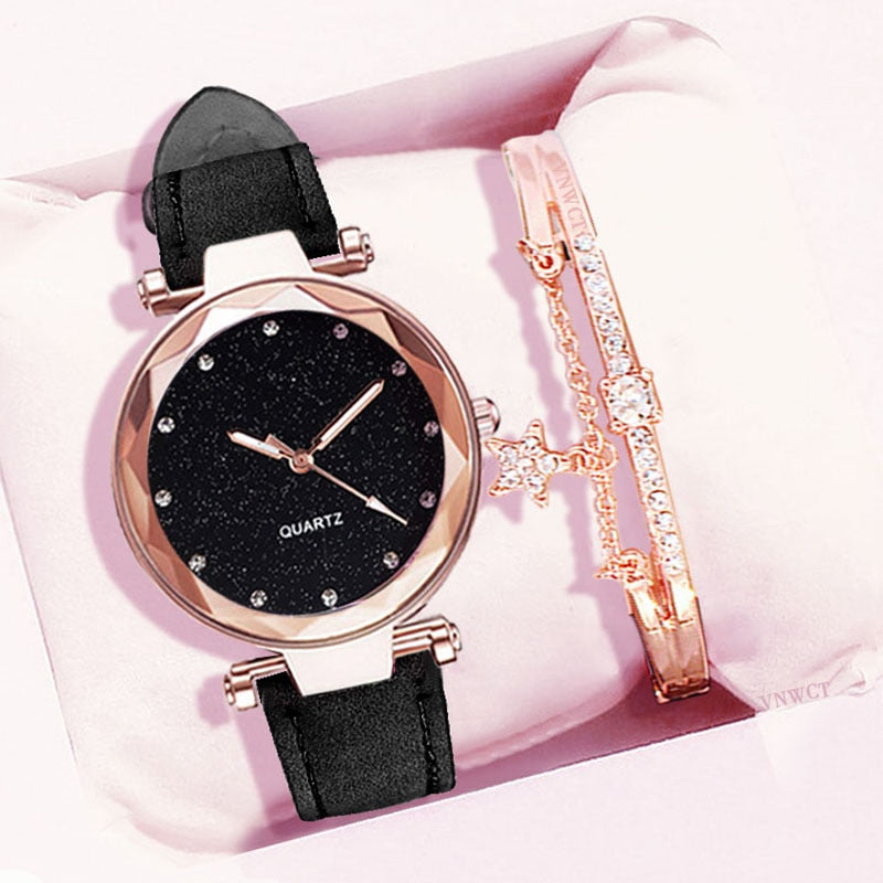 Casual Women Romantic Starry Sky Wrist Watch bracelet Leather Rhinestone Designer Ladies Clock Simple Dress Gfit  Montre Femme alfamoba