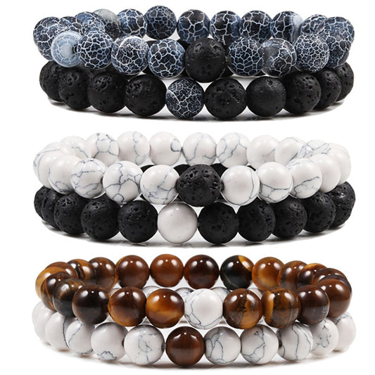 Set Bracelet Couples Distance Black White Natural Lava Stone Tiger Eye Beaded Yoga Bracelets for Men Women Elastic Rope Jewelry alfamoba