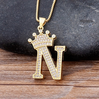 New Luxury Copper Zircon A-Z Crown Alphabet Pendant Chain Necklace Punk Hip-Hop Style Fashion Woman Man Initial Name Jewelry alfamoba