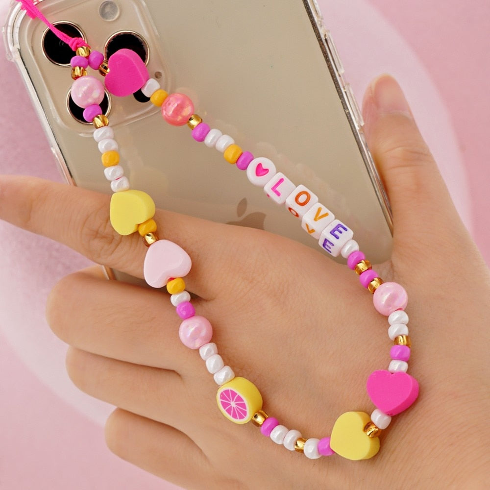 Shinus Heishi Disc Beads Crystal Chain For Phone Mobile Phone Lanyard Smile Cell Phone Chains 2021 LOVE Letter String Wristband alfamoba