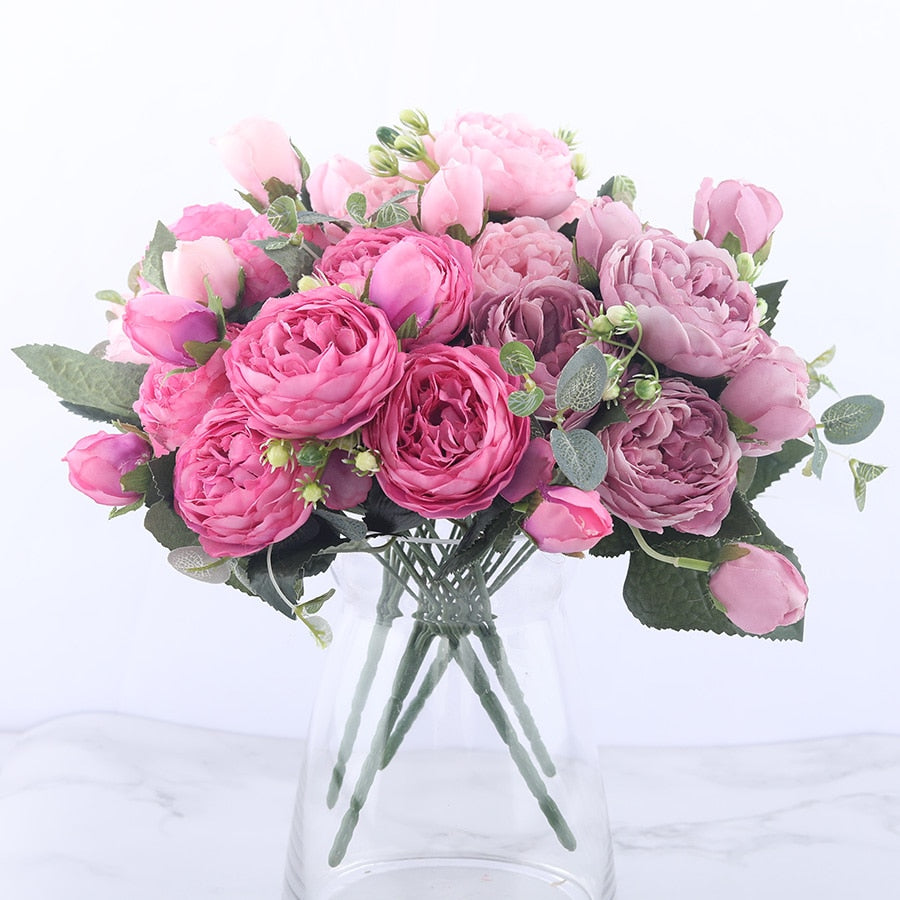 30cm Rose Pink Silk Peony Artificial Flowers Bouquet 5 Big Head and 4 Bud Cheap Fake Flowers for Home Wedding Decoration indoor alfamoba