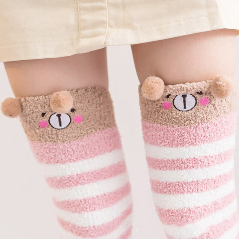 Soft Coral Fleece Knee Socks Winter Warm Girls Women Cute Cartoon Animal Stockings Striped Cozy Long Thigh High Socks Christmas alfamoba