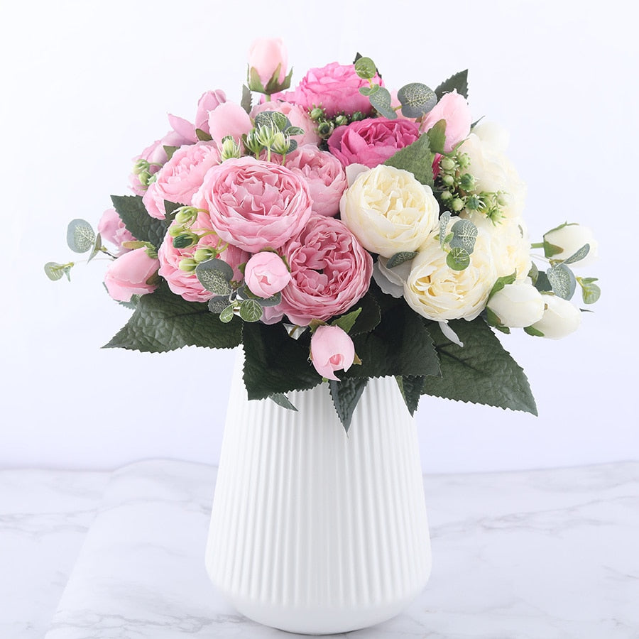 30cm Rose Pink Silk Peony Artificial Flowers Bouquet 5 Big Head and 4 Bud Cheap Fake Flowers for Home Wedding Decoration indoor alfamoba