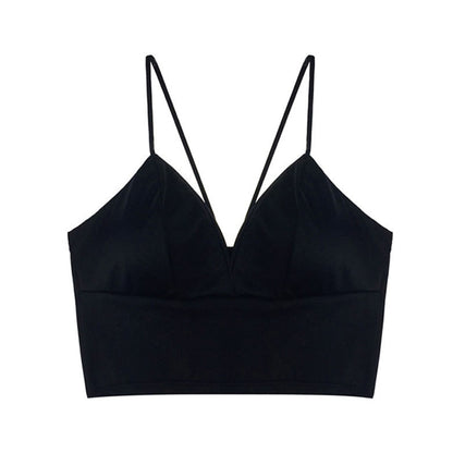 Sexy Satin Crop Tops Women Wireless Bralette Crochet Top Female Spaghetti Strap T-shirt Cropped With Chest Padded Camisole Camis alfamoba