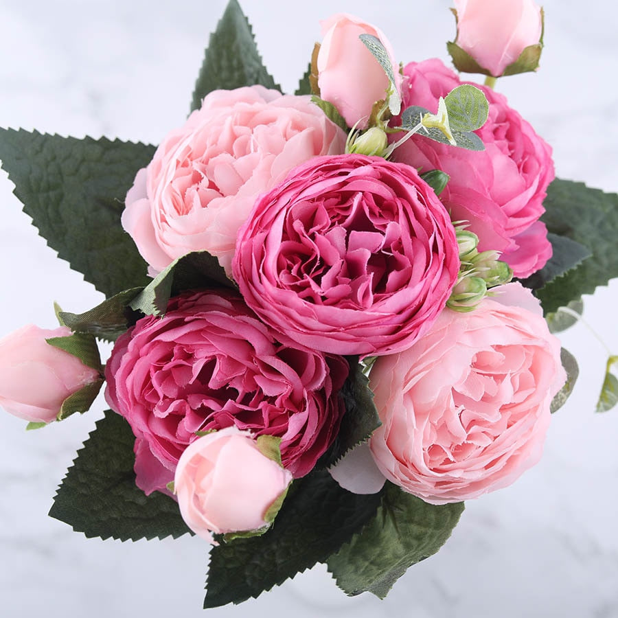 30cm Rose Pink Silk Peony Artificial Flowers Bouquet 5 Big Head and 4 Bud Cheap Fake Flowers for Home Wedding Decoration indoor alfamoba