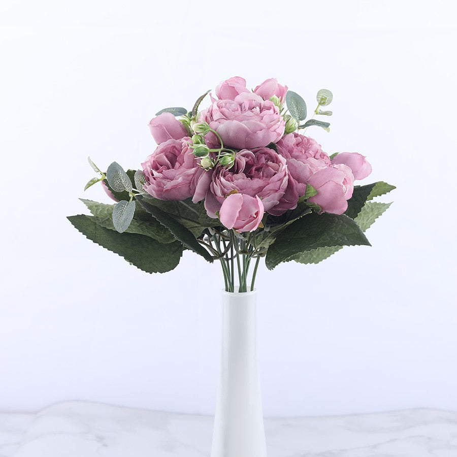 30cm Rose Pink Silk Peony Artificial Flowers Bouquet 5 Big Head and 4 Bud Cheap Fake Flowers for Home Wedding Decoration indoor alfamoba