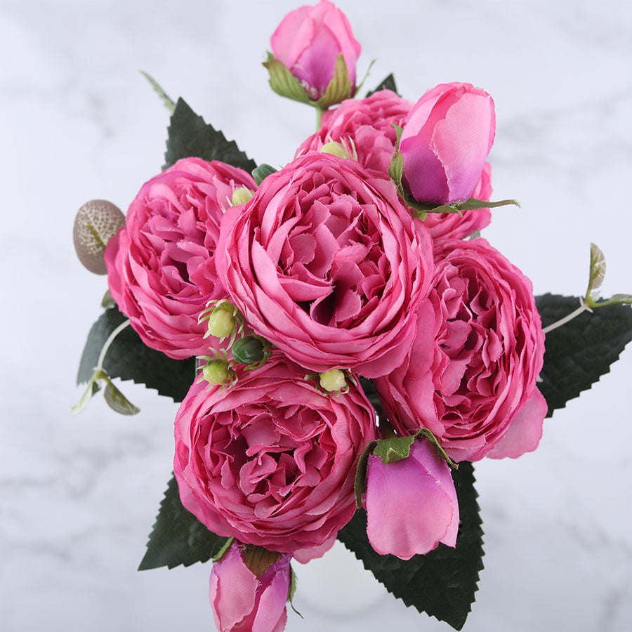 30cm Rose Pink Silk Peony Artificial Flowers Bouquet 5 Big Head and 4 Bud Cheap Fake Flowers for Home Wedding Decoration indoor alfamoba