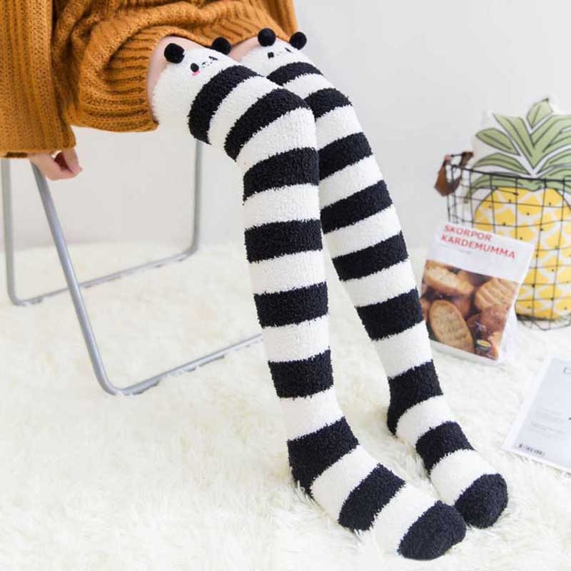 Soft Coral Fleece Knee Socks Winter Warm Girls Women Cute Cartoon Animal Stockings Striped Cozy Long Thigh High Socks Christmas alfamoba