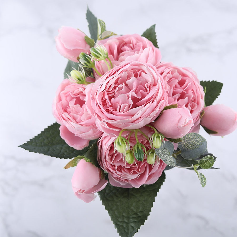 30cm Rose Pink Silk Peony Artificial Flowers Bouquet 5 Big Head and 4 Bud Cheap Fake Flowers for Home Wedding Decoration indoor alfamoba