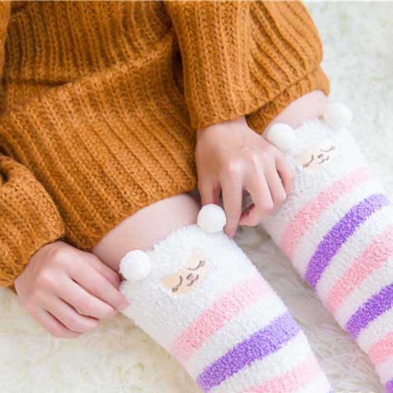 Soft Coral Fleece Knee Socks Winter Warm Girls Women Cute Cartoon Animal Stockings Striped Cozy Long Thigh High Socks Christmas alfamoba