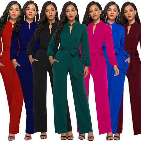 Women bandage long sleeve v-neck wide leg pants rompers women jumpsuit sexy jumpsuits for women 2018 women jumpsuit  romper alfamoba