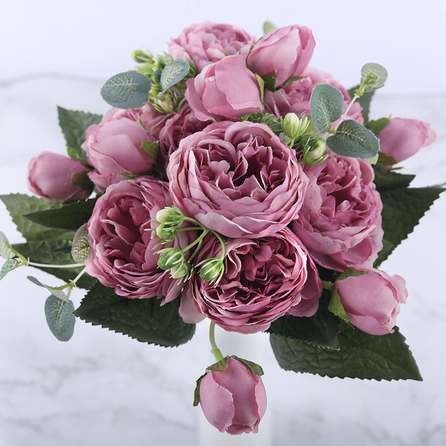 30cm Rose Pink Silk Peony Artificial Flowers Bouquet 5 Big Head and 4 Bud Cheap Fake Flowers for Home Wedding Decoration indoor alfamoba