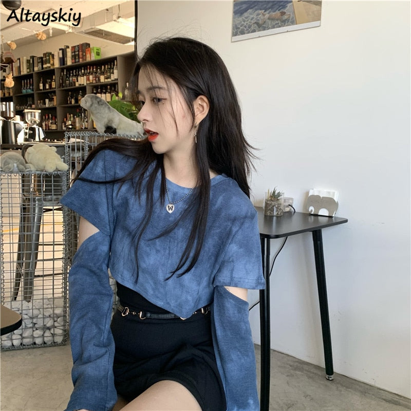 Tie Dye T-shirts Women Blue Removable Sleeve Trendy Korean Style Chic Club Streetwear Popular Female Crop Top Ins Sexy Slim Cozy alfamoba