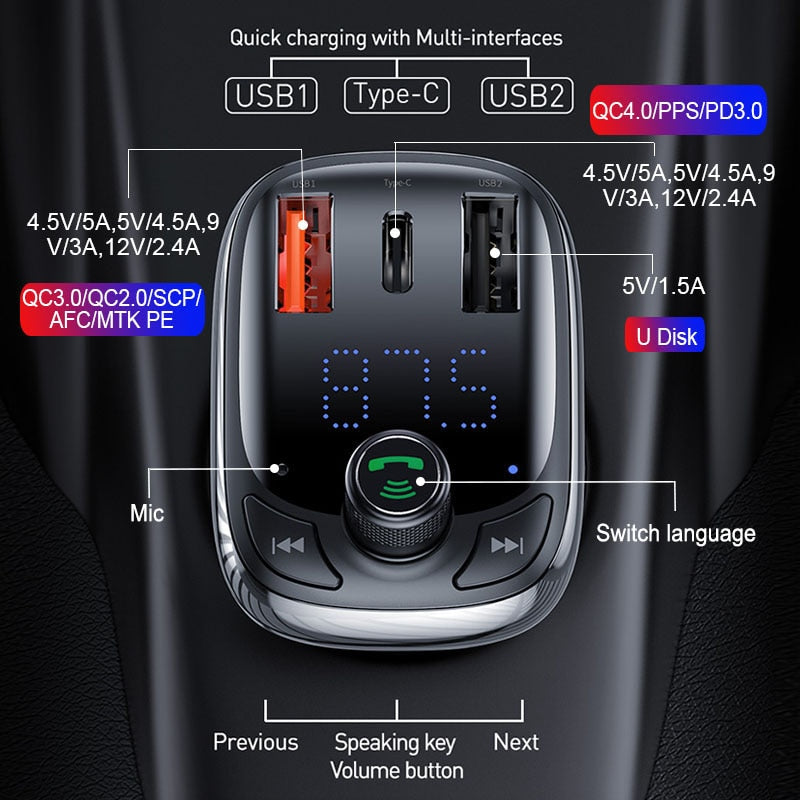 Baseus FM Transmitter Bluetooth 5.0 Handsfree Car Kit Audio MP3 Player With PPS QC3.0 QC4.0 5A Fast Charger Auto FM Modulator alfamoba