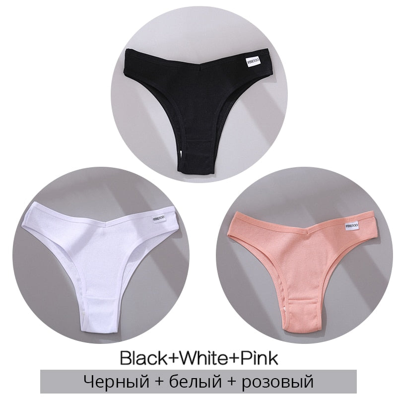 FINETOO Cotton Brazilian Panties Women Sexy V Waist G-String Underwear Female T-back Underpants M-XL Lady Bikini Panty 3Pcs/set alfamoba