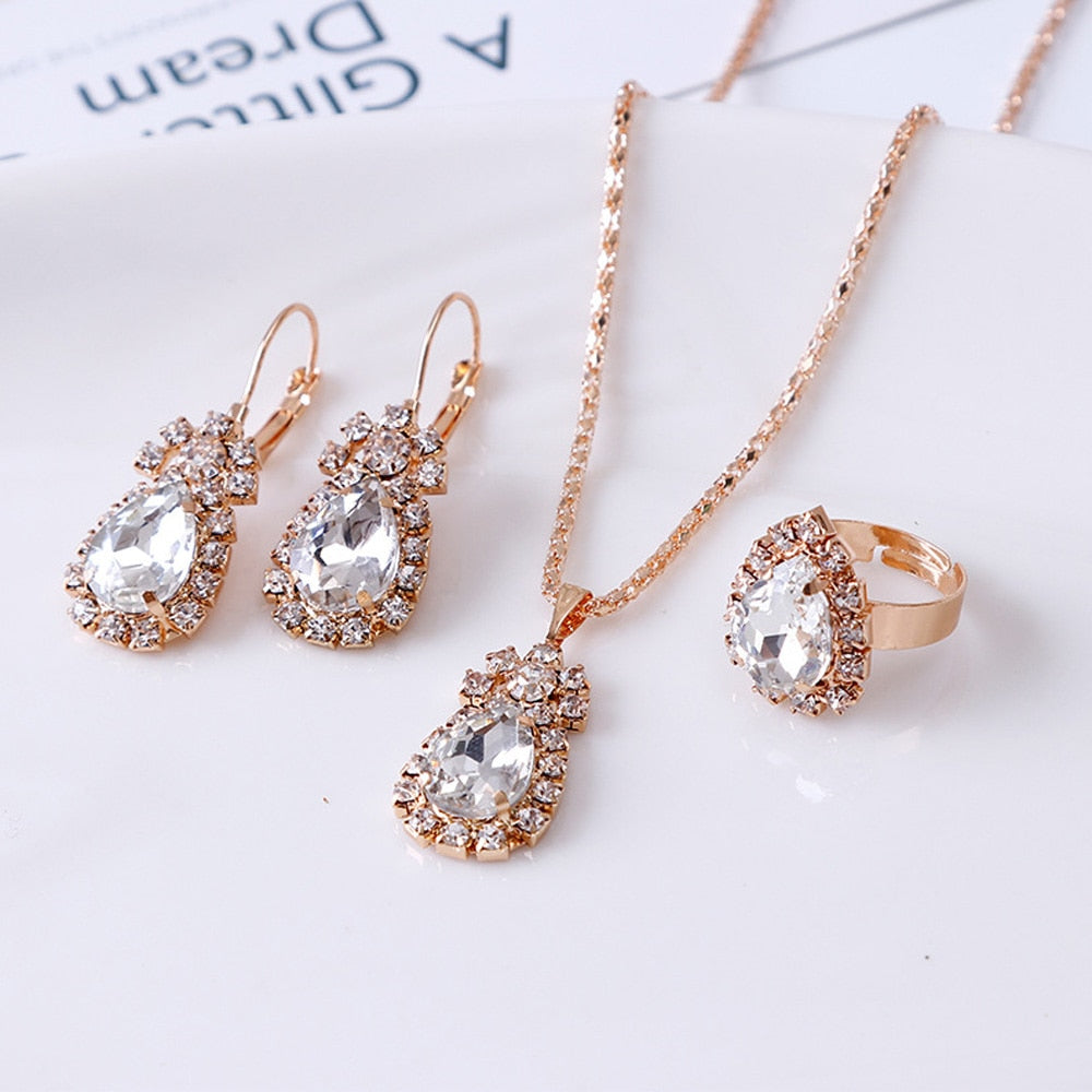 Luxury Water Drop Rhinestone Necklace Earrings Ring Set Shiny Fashion Elegant Women Bridal Jewelry Sets alfamoba