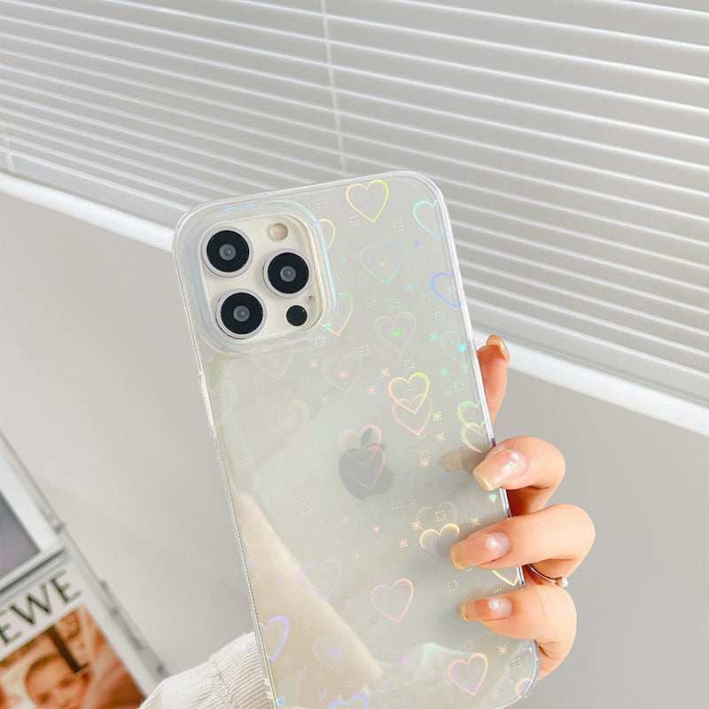 Fashion Gradient Laser Love Heart Pattern Clear Phone Case For iPhone 11 12 Pro Max X XS XR 7 8 Plus SE 2020 Shockproof Bumper alfamoba