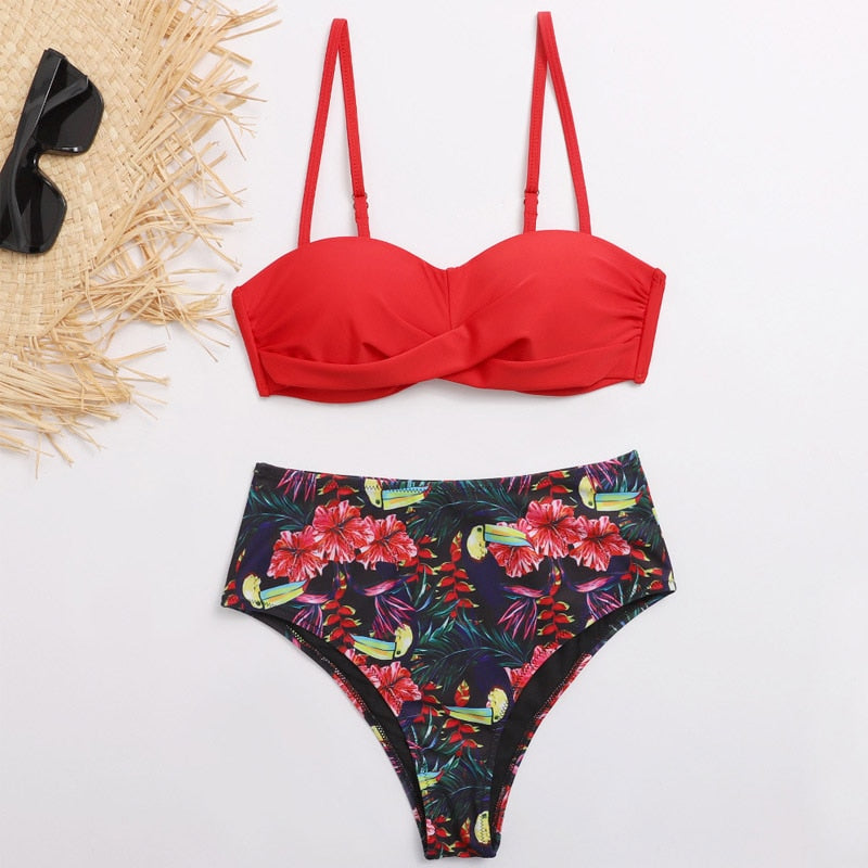 Striped Lace Ruffle Push Up Women Bandeau Swimsuit Female Swimwear Bra Cup Bikini set High Cut Bathing Suit F72 alfamoba