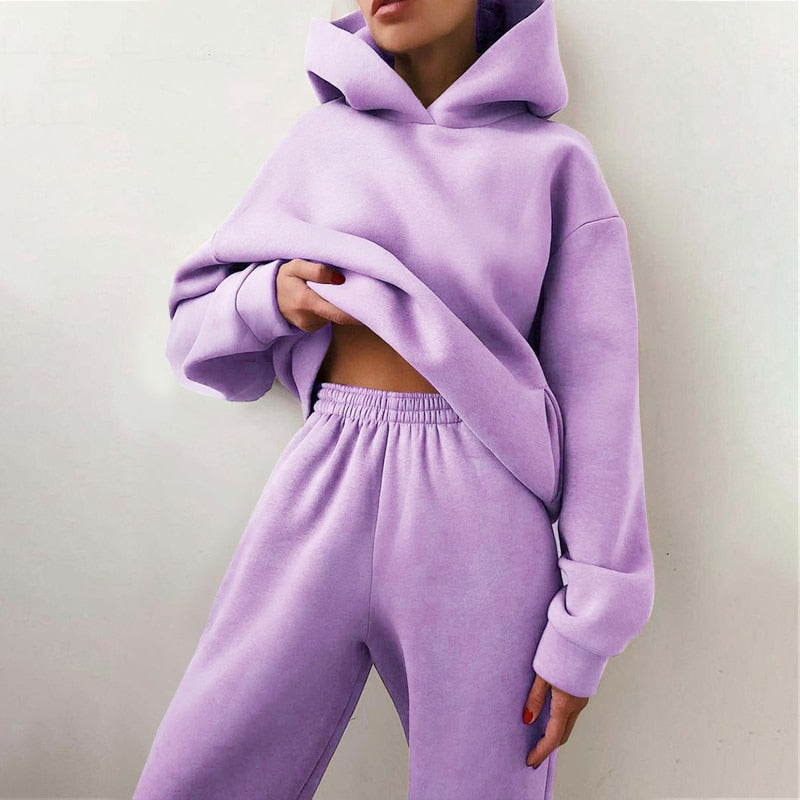 Women's Tracksuit Casual Solid Long Sleeve Hooded Sport Suits Autumn Warm Hoodie Sweatshirts and Long Pant Fleece Two Piece Sets alfamoba