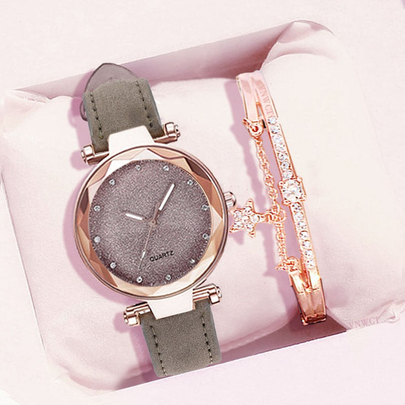 Casual Women Romantic Starry Sky Wrist Watch bracelet Leather Rhinestone Designer Ladies Clock Simple Dress Gfit  Montre Femme alfamoba