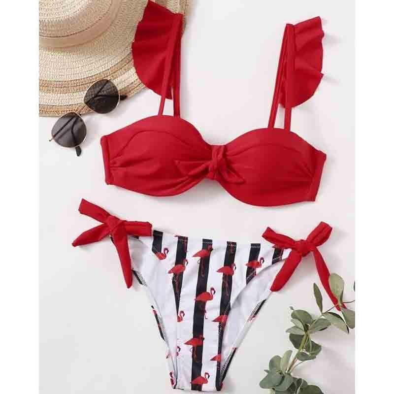 Striped Lace Ruffle Push Up Women Bandeau Swimsuit Female Swimwear Bra Cup Bikini set High Cut Bathing Suit F72 alfamoba